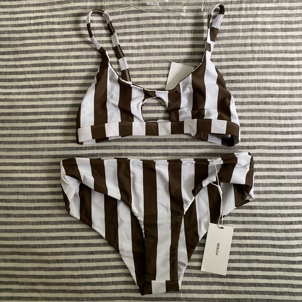 Mikoh retro stripe olive bikini swim top and bottoms